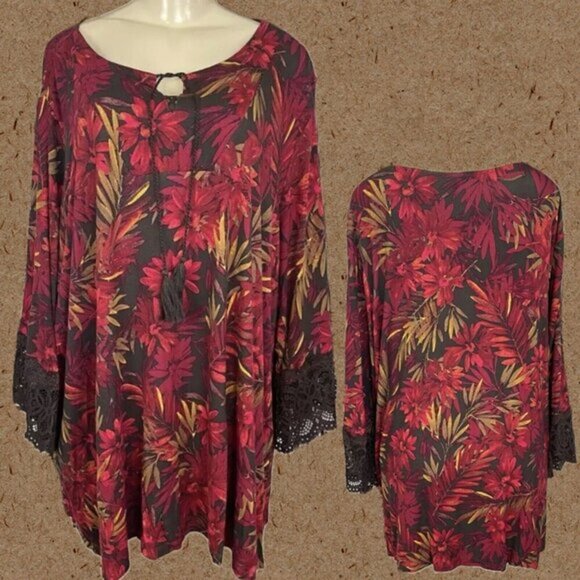 Catherines +3X Floral Leaf Print Tie Neck Brown Lace Trim 3/4 Bell Sleeve Blouse - Picture 1 of 6